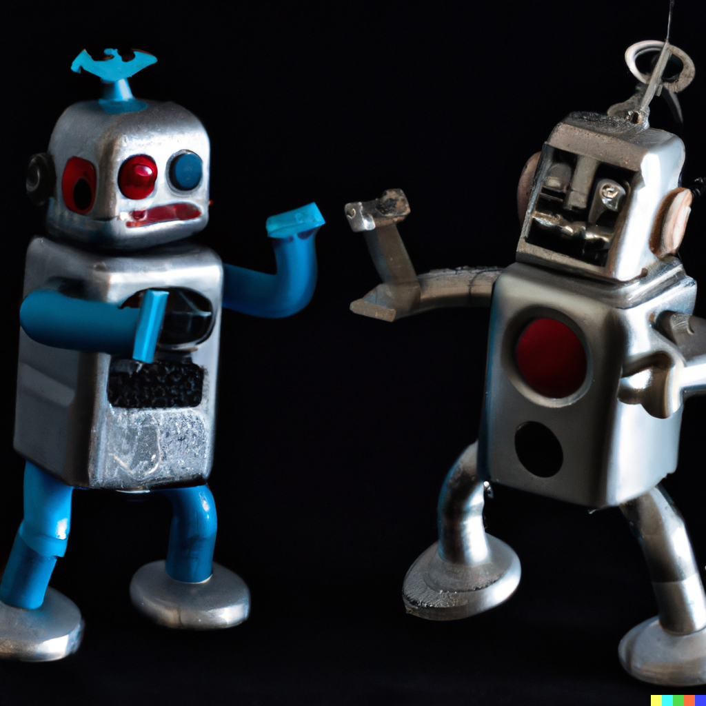 DALL·E 2023-07-18 16.42.14 - A photograph of two robots fighting