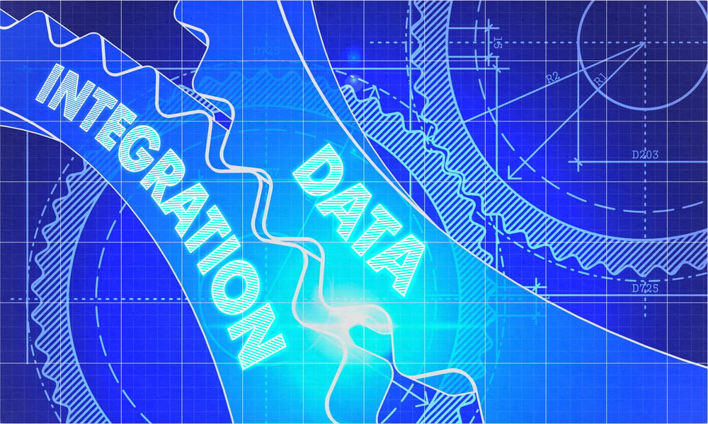 Data Integration on Blueprint of Cogs. Technical Drawing Style. 3d illustration with Glow Effect.