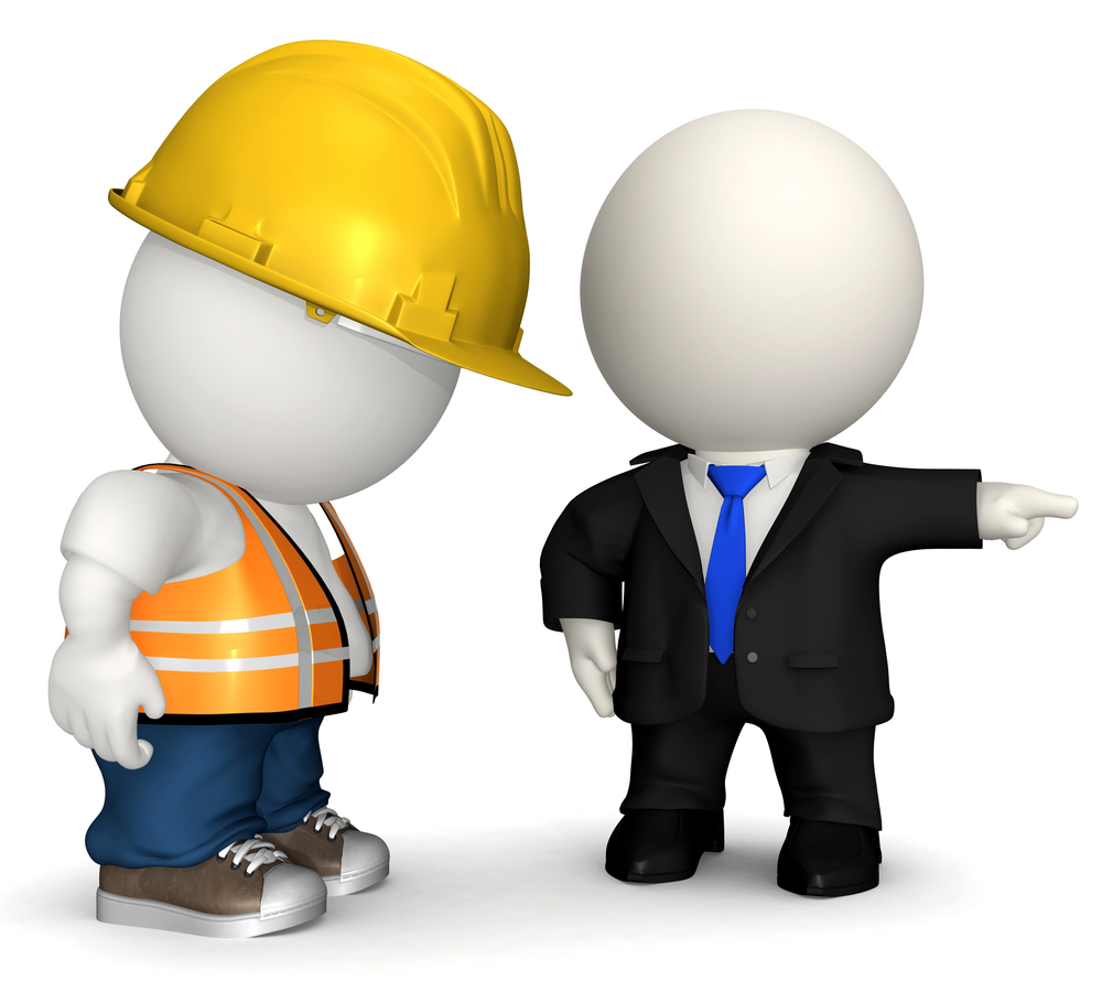 3D Business man firing a road worker  - isolated over a white background